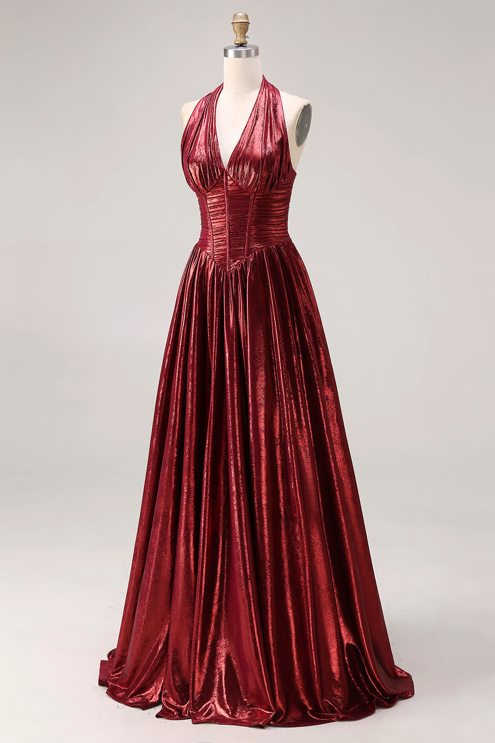 Sparkly Burgundy Halter Metallic A Line Pleated Long Prom Dress