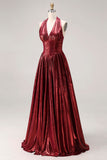 Sparkly Burgundy Halter Metallic A Line Pleated Long Prom Dress
