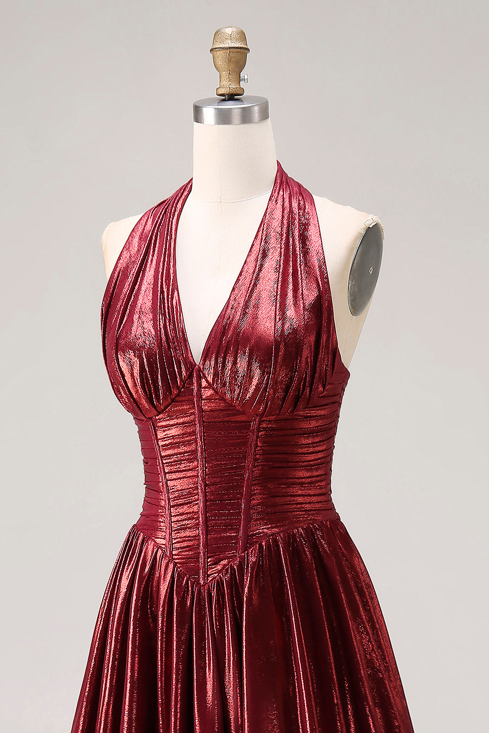 Sparkly Burgundy Halter Metallic A Line Pleated Long Prom Dress