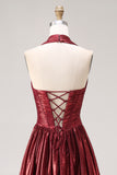 Sparkly Burgundy Halter Metallic A Line Pleated Long Prom Dress