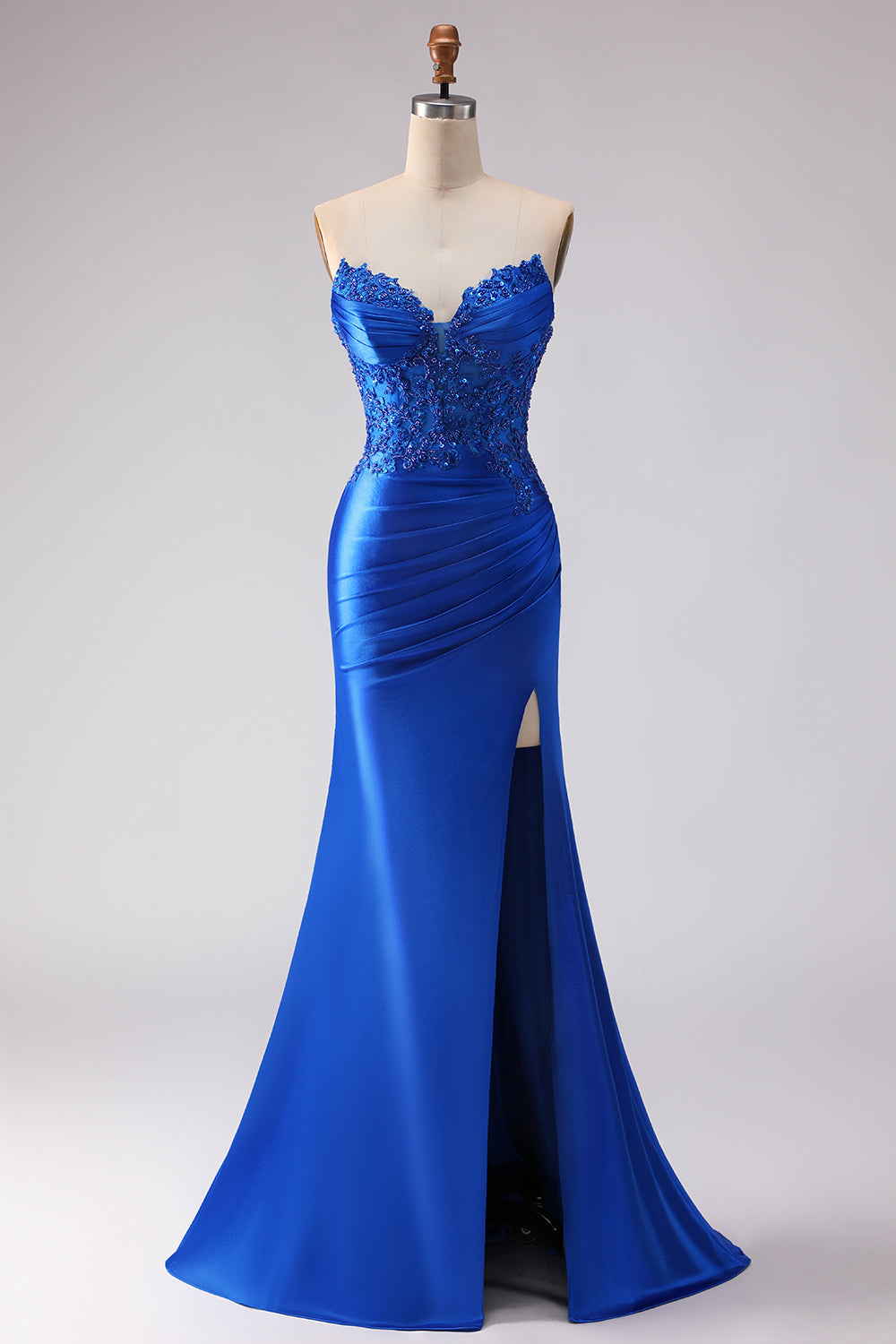 Royal Blue Satin Mermaid Beaded Long  Prom Dress with Slit