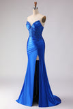 Royal Blue Satin Mermaid Beaded Long  Prom Dress with Slit