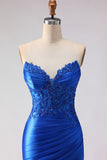 Royal Blue Satin Mermaid Beaded Long  Prom Dress with Slit