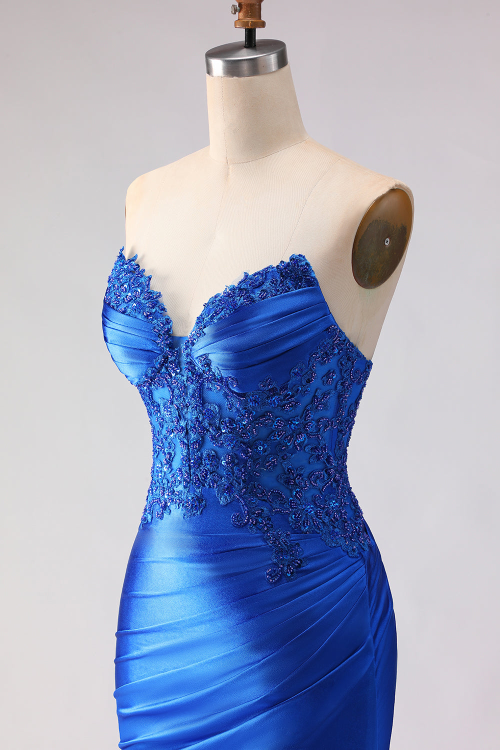 Royal Blue Satin Mermaid Beaded Long  Prom Dress with Slit