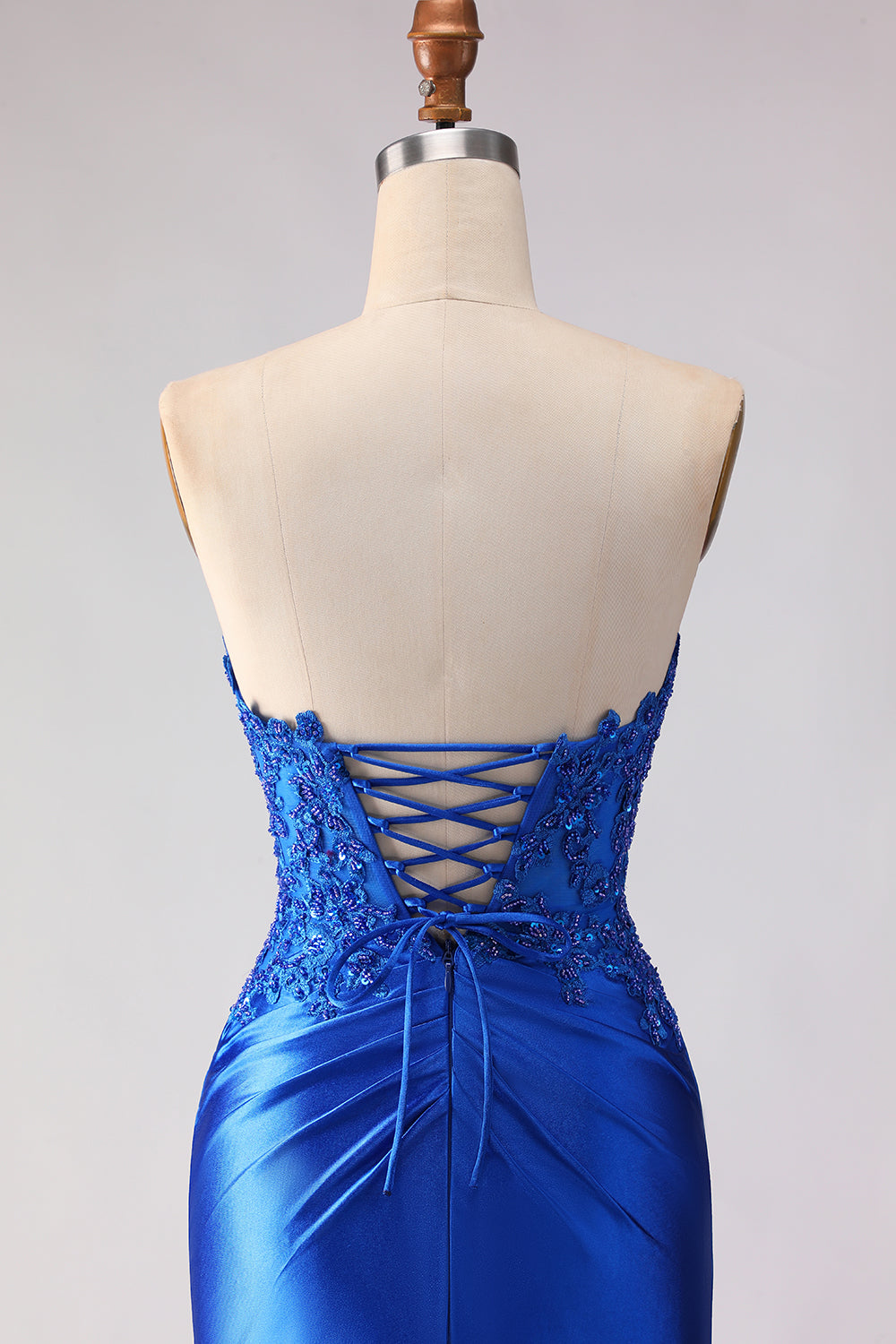 Royal Blue Satin Mermaid Beaded Long  Prom Dress with Slit