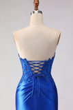 Royal Blue Satin Mermaid Beaded Long  Prom Dress with Slit