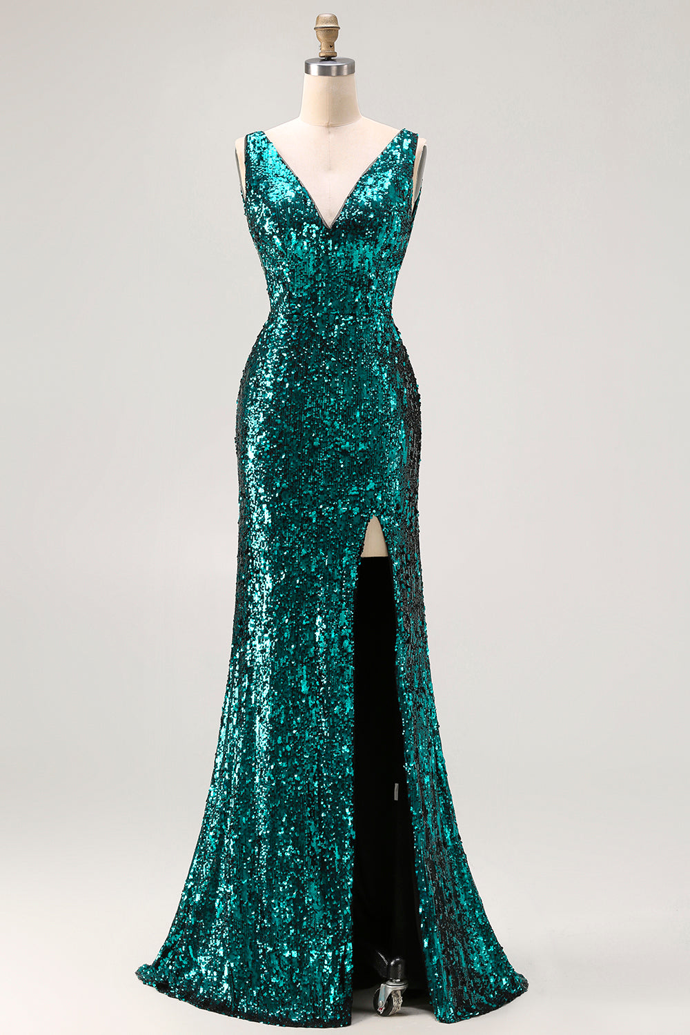 Sparkly Peacock Green Sequin V-Neck Long Prom Dress with Slit