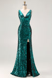 Sparkly Peacock Green Sequin V-Neck Long Prom Dress with Slit
