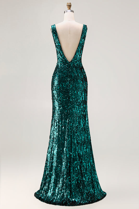 Sparkly Peacock Green Sequin V-Neck Long Prom Dress with Slit