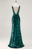 Sparkly Peacock Green Sequin V-Neck Long Prom Dress with Slit