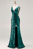 Sparkly Peacock Green Sequin V-Neck Long Prom Dress with Slit