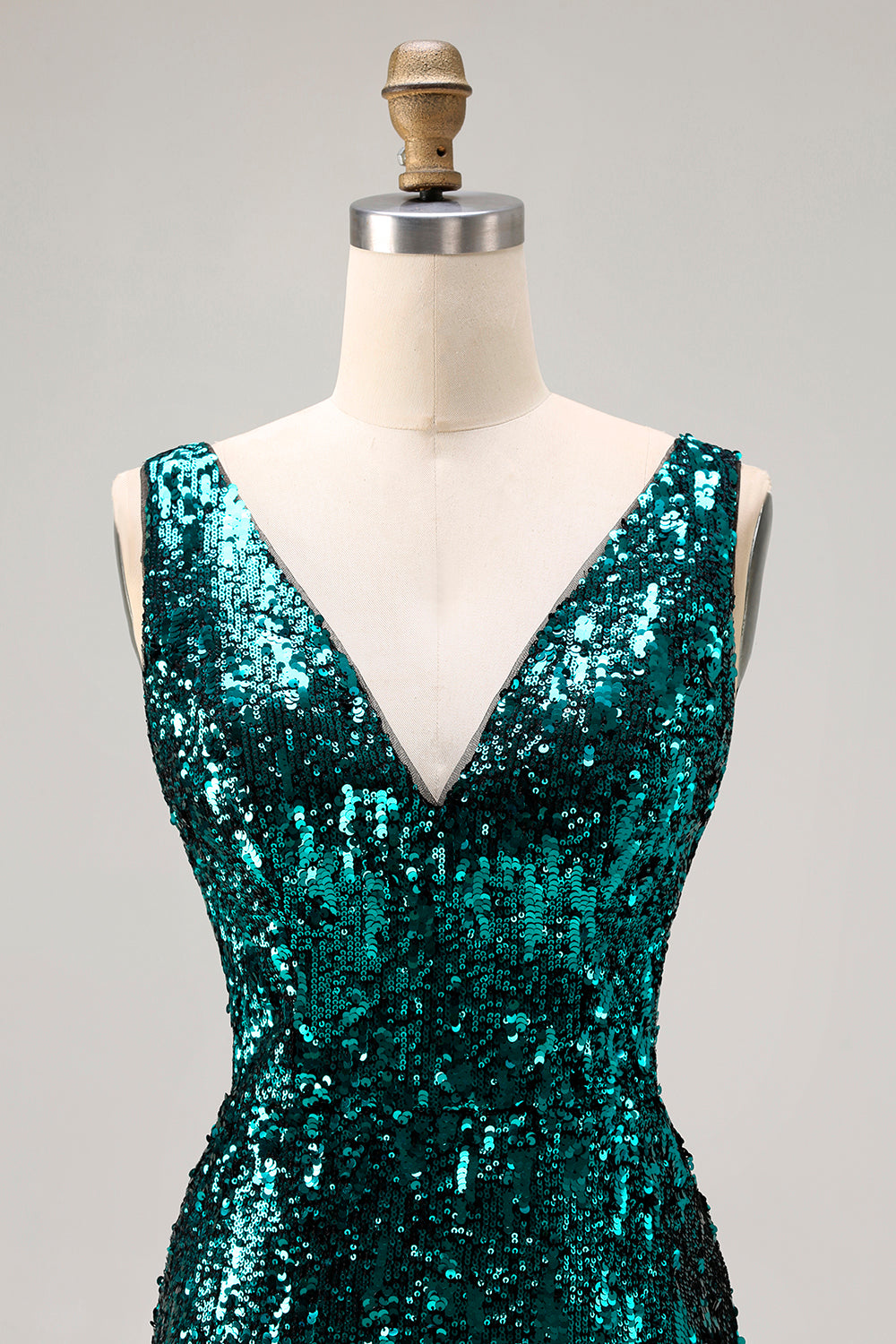 Sparkly Peacock Green Sequin V-Neck Long Prom Dress with Slit