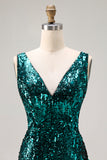 Sparkly Peacock Green Sequin V-Neck Long Prom Dress with Slit