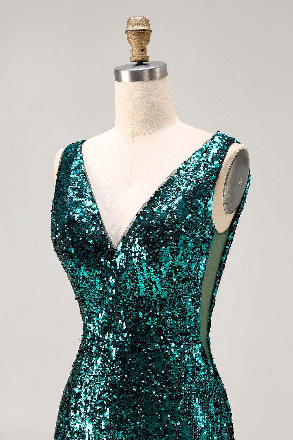 Sparkly Peacock Green Sequin V-Neck Long Prom Dress with Slit