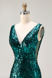 Sparkly Peacock Green Sequin V-Neck Long Prom Dress with Slit