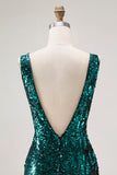 Sparkly Peacock Green Sequin V-Neck Long Prom Dress with Slit
