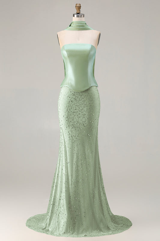 Sparkly Sage Green Neck Scarf Mermaid Long Prom Dress with Beading
