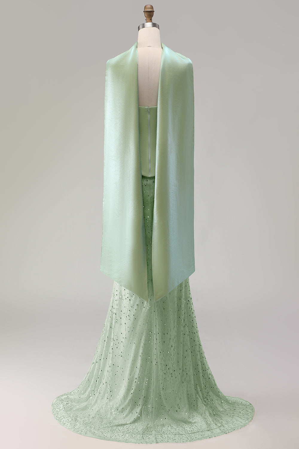 Zapaka Women Two Piece Sage Green Long Prom Dress with A Neck Scarf Strapless Mermaid Beaded Satin Formal Dress, Sage Green / US24W