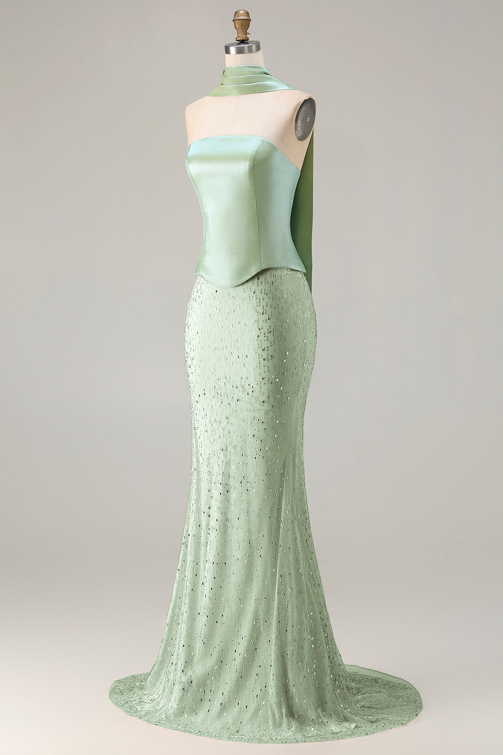 Zapakasa Women Sparkly Sage Green Satin Long Prom Dress with Beading Neck Scarf Mermaid Strapless Formal Dress Zapakasa Women Sparkly Sage Green Satin Long Prom Dress with Beading Neck Scarf Mermaid Strapless Formal Dress