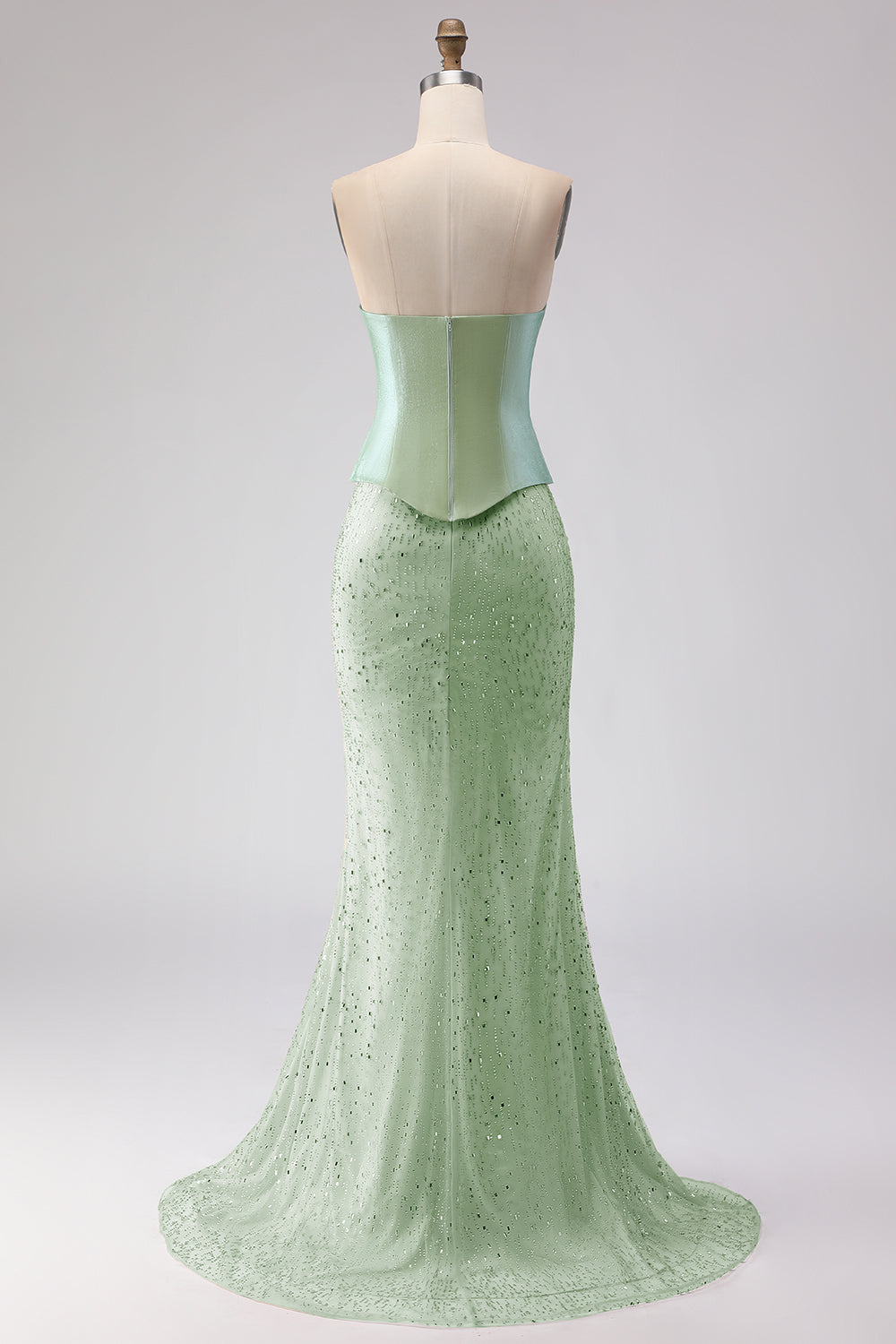 ZAPAKA Women Two piece Sage Green Long Prom Dress with a Neck Scarf Strapless Mermaid Beaded Satin Formal Dress, Sage Green / US4