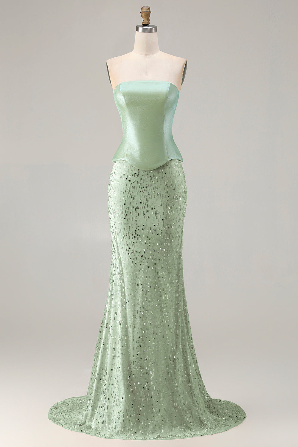 slim fit dress slacks Zapaka Women Two Piece Sage Green Long Prom Dress with A Neck Scarf Strapless Mermaid Beaded Satin Formal Dress, Sage Green / US20W