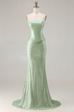 Sparkly Sage Green Neck Scarf Mermaid Long Prom Dress with Beading