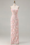 Sparkly Blush Pink Floral Sheath Sequin Long Corset Prom Dress