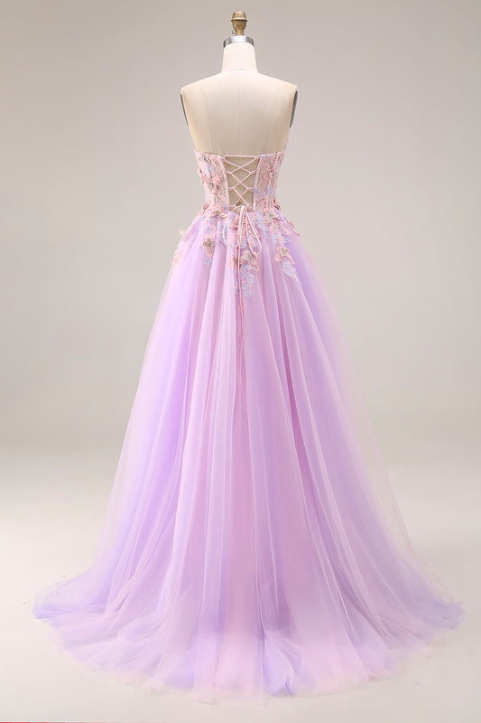 Floral Lilac Tulle Sweetheart A Line Long Corset Prom Dress with 3D Butterflies