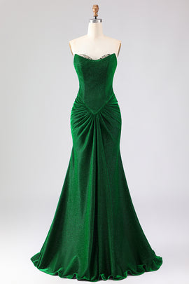 Sparkly Dark Green Mermaid Ruched Long Prom Dress with Rhinestone