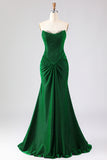 Sparkly Dark Green Mermaid Ruched Long Prom Dress with Rhinestone