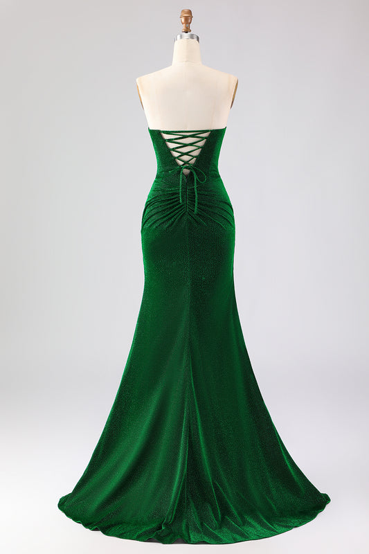 Sparkly Dark Green Mermaid Ruched Long Prom Dress with Rhinestone