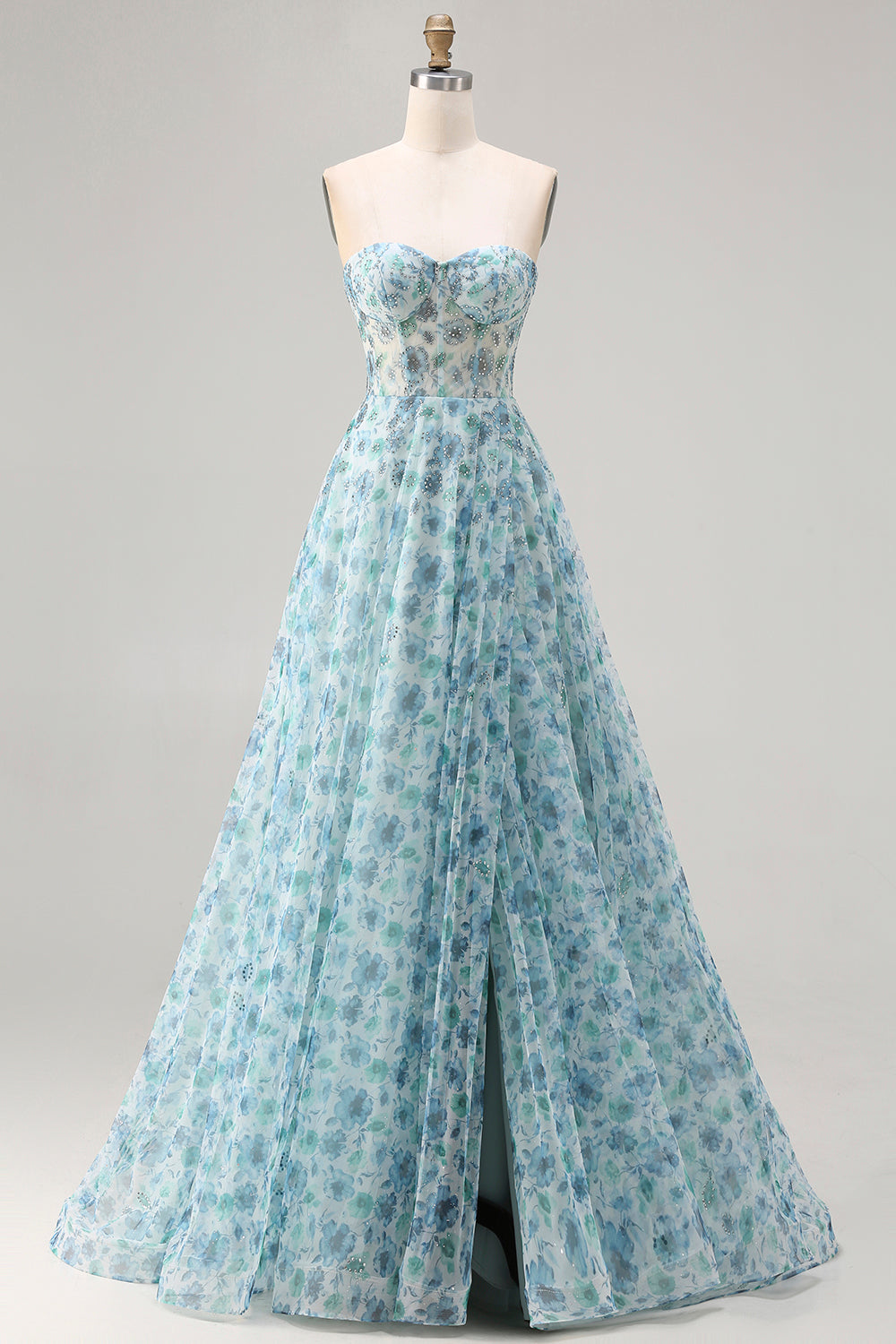Sparkly Floral Blue Chiffon Sweetheart Long Corset Prom Dress with Slit