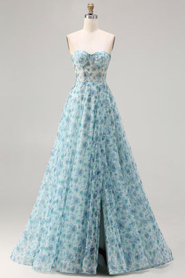 Sparkly Blue Floral Chiffon Beaded Long Corset Prom Dress with Slit