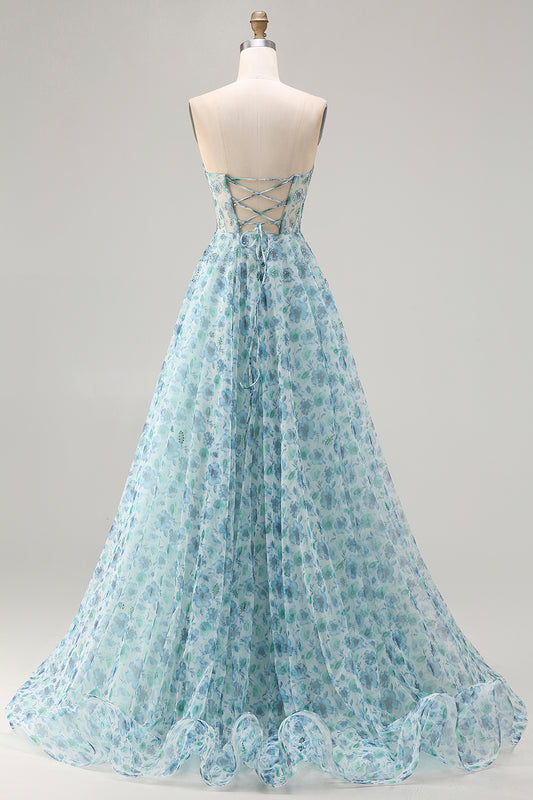 Sparkly Blue Floral Chiffon Beaded Long Corset Prom Dress with Slit
