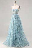 Sparkly Blue Floral Chiffon Beaded Long Corset Prom Dress with Slit