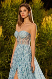 Sparkly Floral Blue Chiffon Sweetheart Long Corset Prom Dress with Slit