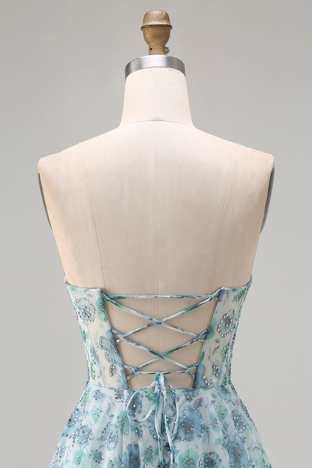 Sparkly Blue Floral Chiffon Beaded Long Corset Prom Dress with Slit