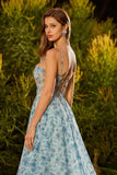 Sparkly Floral Blue Chiffon Sweetheart Long Corset Prom Dress with Slit