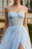 Floral Blue Spaghetti Straps A Line Long Corset Prom Dress with Slit