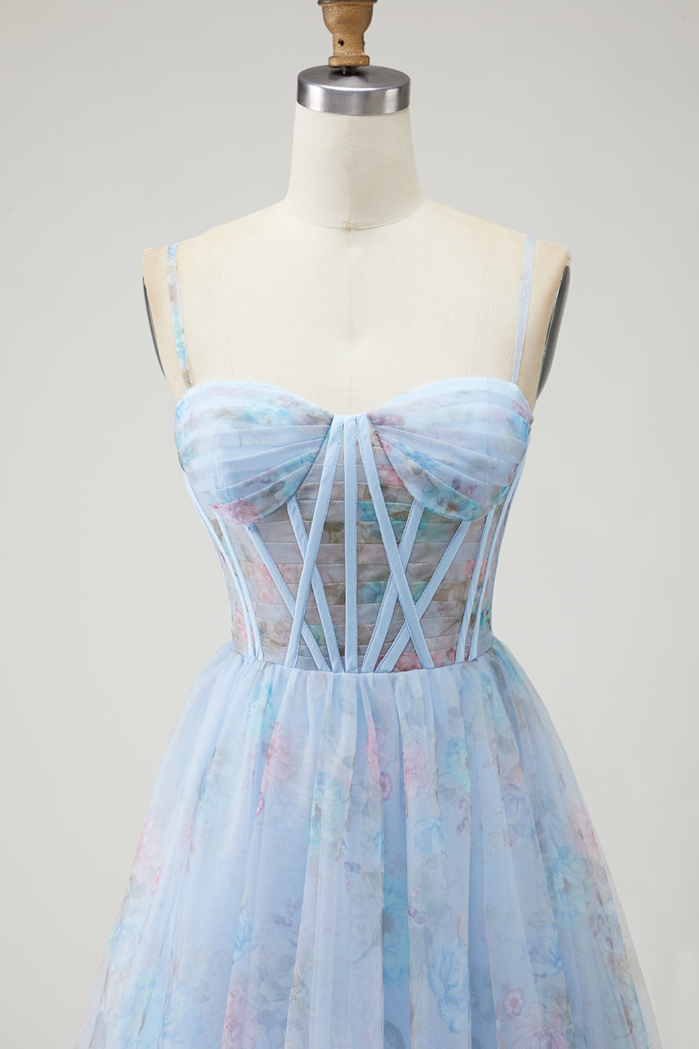 Blue Floral Spaghetti Straps Corset Long Prom Dress with Slit