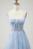 Blue Floral Spaghetti Straps Corset Long Prom Dress with Slit