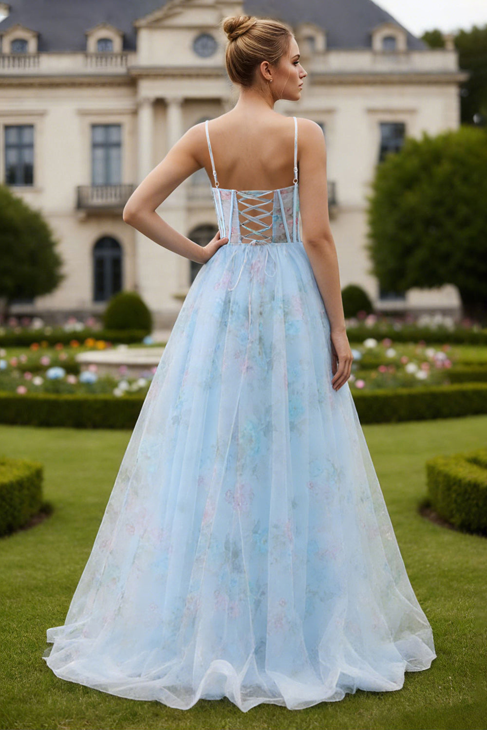 Floral Blue Spaghetti Straps A Line Long Corset Prom Dress with Slit