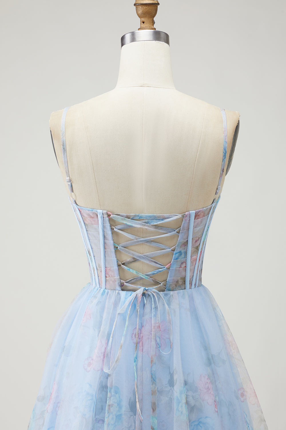 Blue Floral Spaghetti Straps Corset Long Prom Dress with Slit