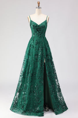Sparkly Dark Green Floral Lace A Line Long Prom Dress with Slit