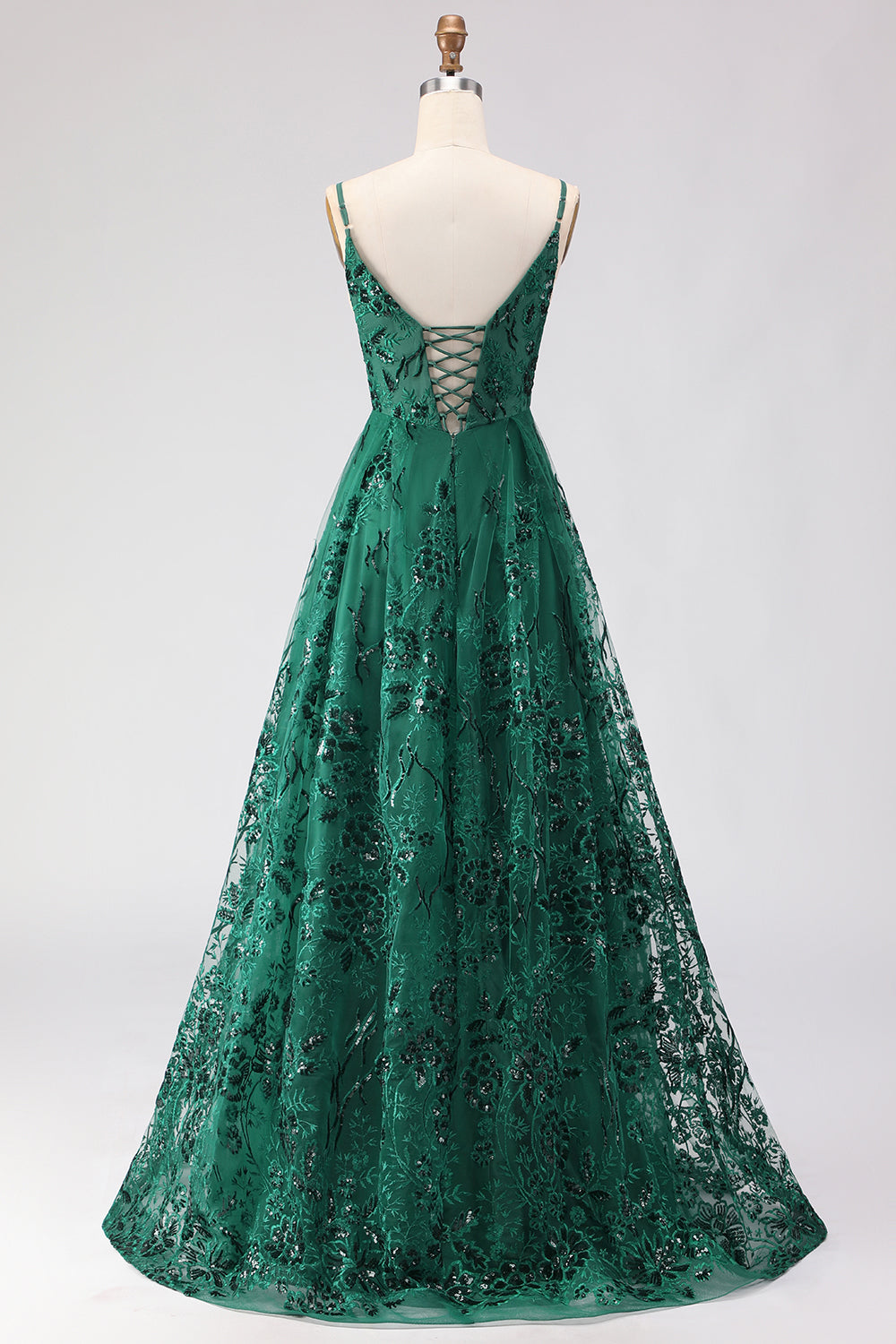 Sparkly Dark Green Floral Lace A Line Long Prom Dress with Slit