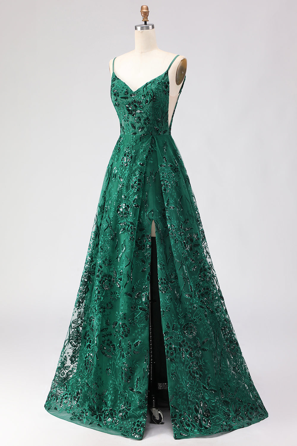 Sparkly Dark Green Floral Lace A Line Long Prom Dress with Slit