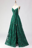 Sparkly Dark Green Floral Lace A Line Long Prom Dress with Slit