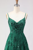 Sparkly Dark Green Floral Lace A Line Long Prom Dress with Slit