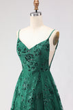 Sparkly Dark Green Floral Lace A Line Long Prom Dress with Slit