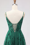 Sparkly Dark Green Floral Lace A Line Long Prom Dress with Slit
